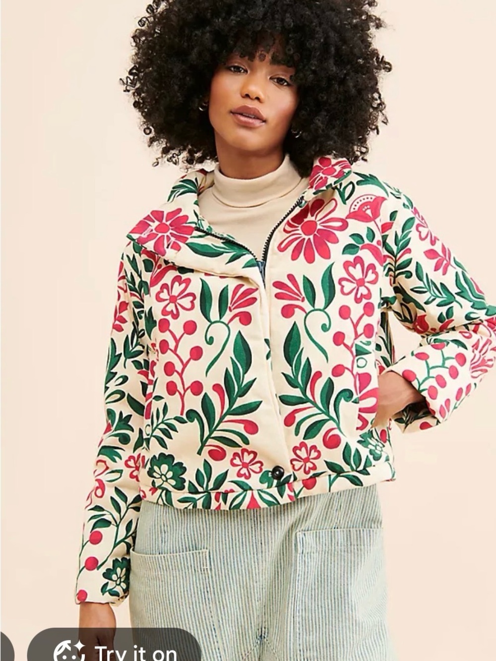 By Anthropologie 100% cotton Floral Zip-Up Jacket in Cream, Pink & Green